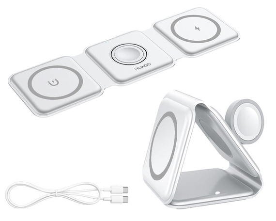 HUXGO® Estación de carga Mag-Safe para teléfono móvil, iPhone y reloj inteligente, cargador inalámbrico, magnética plegable 3 en 1, estación de carga portátil con protección contra sobrecarga - BY-MF82_W Blanco