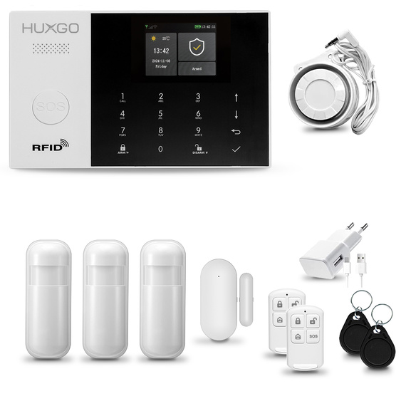 HUXGO® HXA005 - Sistema di allarme wireless WiFi + GSM con 3x Rilevatore di movimento & 1x Sensore per porte e finestre | Allarme casa senza fili Kit con app TUYA