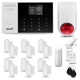 HUXGO® HXA005 - Système de sécurité sans fil Wi-Fi + GSM 4G LTE avec 1x Détecteur de Mouvement & 12x Détecteur pour porte et fenêtre avec Sirène sans fil | Système d'alarme domestique avec l'application TUYA