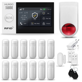 HUXGO® HXA007 - Funk Alarmanlage System WiFi + GSM mit 12x Bewegungsmelder PIR & 1x Fenster und Türsensor sensor mit Drahtlose Alarmsirene | Kabellose Alarmanlage SET mit TUYA App