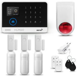 HUXGO® HXA003 - Système de sécurité sans fil Wi-Fi + GSM avec 3x Détecteur de Mouvement & 3x Détecteur pour porte et fenêtre avec Sirène sans fil | Système d'alarme domestique avec l'application TUYA