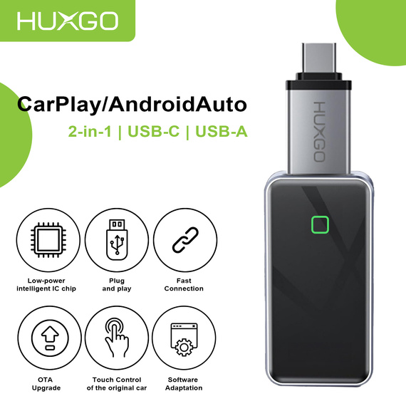 HUXGO® Adaptateur sans fil 2-en-1 CarPlay et Android Auto compatible avec les appareils Apple et Android