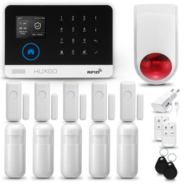 HUXGO® HXA003 - Sistema di allarme wireless WiFi + GSM con 5x Rilevatore di movimento & 5x Sensore per porte e finestre con Sirena senza fili | Allarme casa senza fili Kit con app TUYA