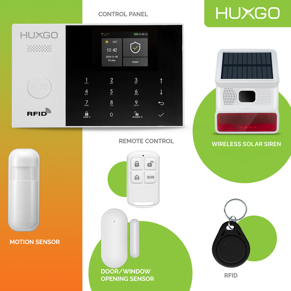 HUXGO® HXA005 - Sistema de seguridad inalámbrico WiFi + GSM 4G LTE con 1x detector de movimiento y 1x sensor para puerta / ventana con sirena inalámbrica | Kit de sistema de alarma para el hogar con App TUYA