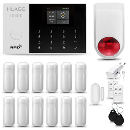 HUXGO® HXA005 - Sistema de seguridad inalámbrico WiFi + GSM con 12x detector de movimiento y 1x sensor para puerta / ventana con sirena inalámbrica | Kit de sistema de alarma para el hogar con App TUYA