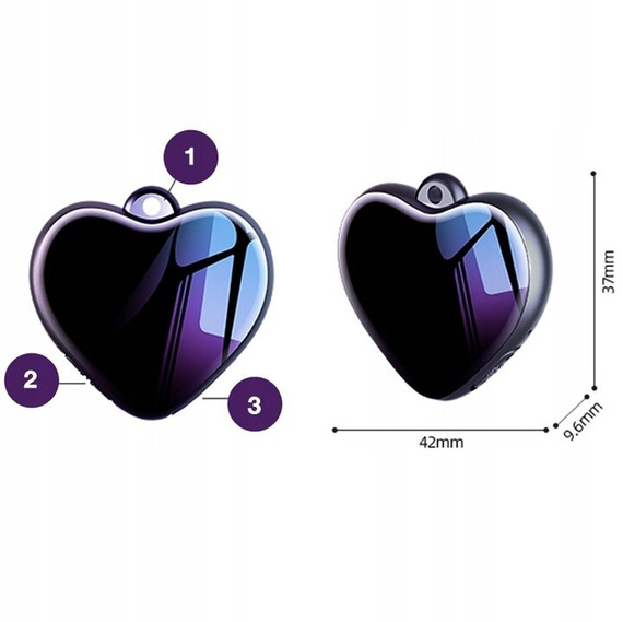 MBG Line® mini registratore vocale Q66 8GB – ciondolo/spia a forma di cuore con rilevamento audio fino a 3072 kbps