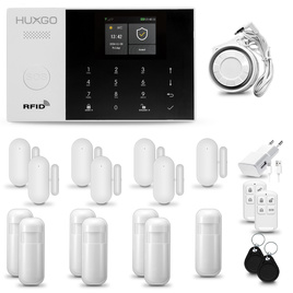 HUXGO® HXA005 - Système de sécurité sans fil Wi-Fi + GSM avec 7x Détecteur de Mouvement & 7x Détecteur pour porte et fenêtre | Système d'alarme domestique avec l'application TUYA
