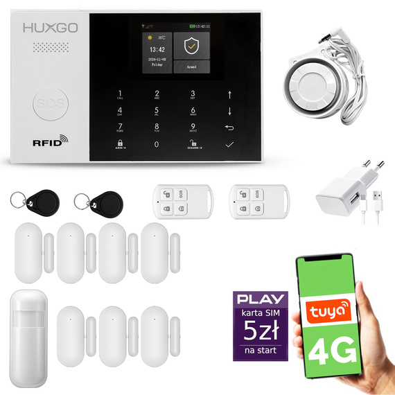 HUXGO® HXA005 - Sistema di allarme wireless WiFi + GSM 4G LTE con 1x Rilevatore di movimento & 7x Sensore per porte e finestre | Allarme casa senza fili Kit con app TUYA