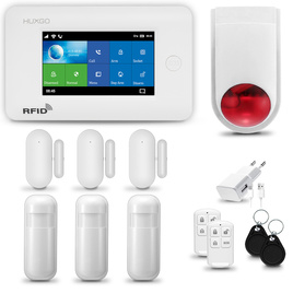HUXGO® HXA006 - Sistema de seguridad inalámbrico WiFi + GSM con 3x detector de movimiento y 3x sensor para puerta / ventana con sirena inalámbrica | Kit de sistema de alarma para el hogar con App TUYA