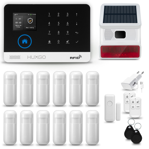 HUXGO® HXA003 - Sistema di allarme wireless WiFi + GSM 4G LTE con 12x Rilevatore di movimento & 1x Sensore per porte e finestre con Sirena senza fili | Allarme casa senza fili Kit con app TUYA