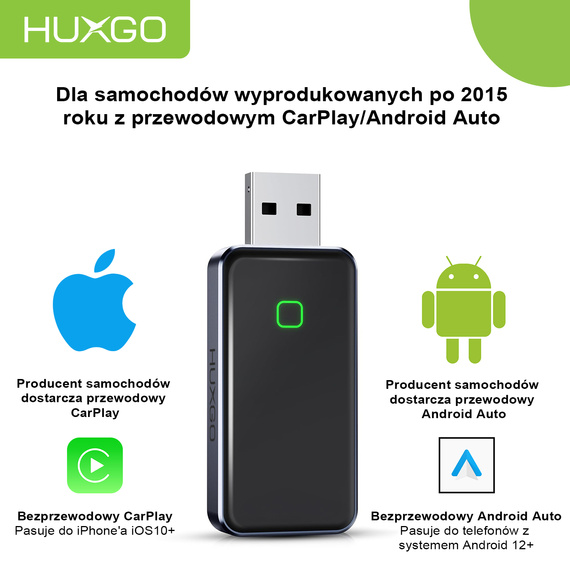 HUXGO® Adaptador inalámbrico 2-en-1 CarPlay y Android Auto compatible con dispositivos Apple y Android