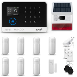 HUXGO® HXA003 - Système de sécurité sans fil Wi-Fi + GSM 4G LTE avec 7x Détecteur de Mouvement & 1x Détecteur pour porte et fenêtre avec Sirène sans fil | Système d'alarme domestique avec l'application TUYA