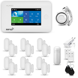 HUXGO® HXA006 - Sistema de seguridad inalámbrico WiFi + GSM 4G con 1x detector de movimiento y 12x sensor para puerta / ventana | KIT de sistema de alarma para el hogar con App TUYA