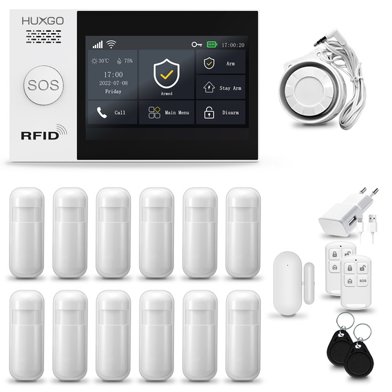 HUXGO® HXA007 - Wireless security system WiFi + GSM 4G LTE with 12x Motion Detector & 1x Door / window sensor | Home Alarm System SET with App TUYA