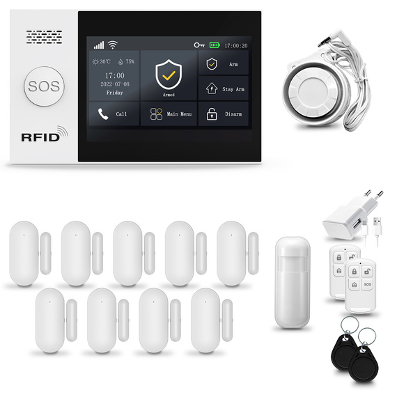 HUXGO® HXA007 - Sistema di allarme wireless WiFi + GSM con 1x Rilevatore di movimento & 9x Sensore per porte e finestre | Allarme casa senza fili Kit con app TUYA