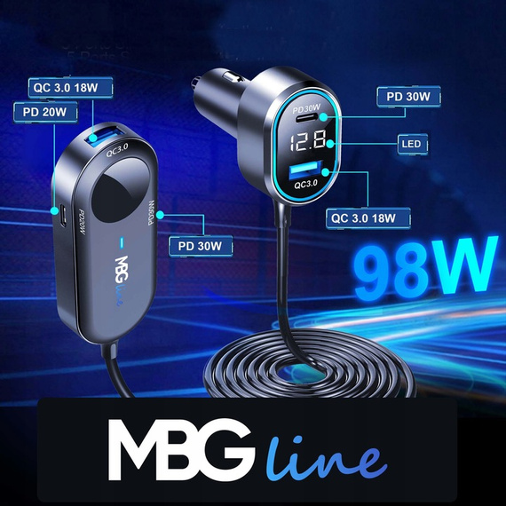 MBG Line® C79ADC MAX – Cargador de coche multipuerto con voltímetro y carga rápida QC3.0 + PD30W