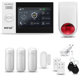 HUXGO® HXA007 - Sistema di allarme wireless WiFi + GSM con 3x Rilevatore di movimento & 1x Sensore per porte e finestre con Sirena senza fili | Allarme casa senza fili Kit con app TUYA