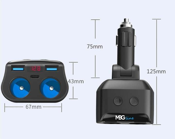 MBG line® HC69PD -  Cigarette lighter socket splitter Voltmeter Charger 2 x USB QC3.0
