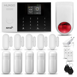 HUXGO® HXA005 - Sistema di allarme wireless WiFi + GSM  con 5x Rilevatore di movimento & 5x Sensore per porte e finestre con Sirena senza fili | Allarme casa senza fili Kit con app TUYA