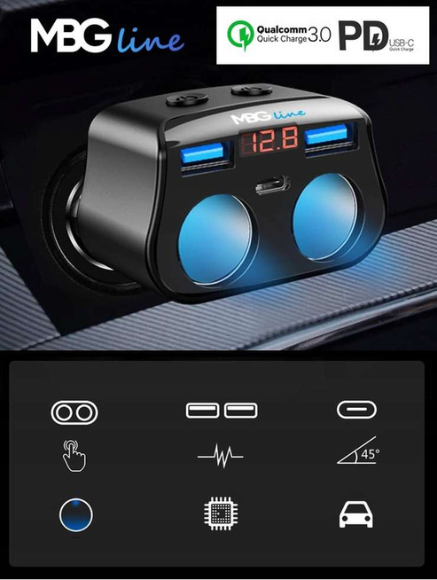 MBG line® HC69PD -  Cigarette lighter socket splitter Voltmeter Charger 2 x USB QC3.0