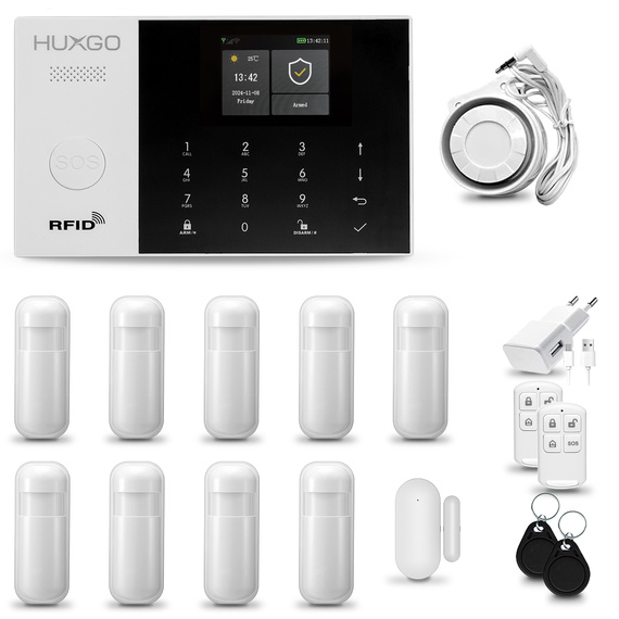 HUXGO® HXA005 - Sistema di allarme wireless WiFi + GSM 4G LTE con 9x Rilevatore di movimento & 1x Sensore per porte e finestre | Allarme casa senza fili Kit con app TUYA