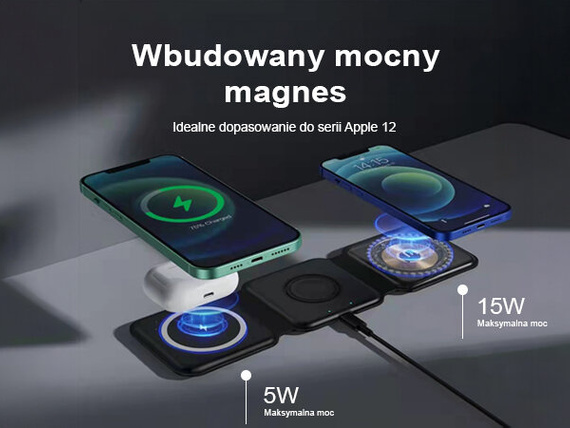 HUXGO® Stazione di ricarica Mag-Safe per telefono cellulare, iPhone e smartwatch, caricatore wireless, magnetica pieghevole 3-in-1, stazione di ricarica portatile con protezione da sovraccarico - BY-MF82_B Nero