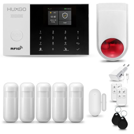 HUXGO® HXA005 - Sistema de seguridad inalámbrico WiFi + GSM 4G LTE con 5x detector de movimiento y 1x sensor para puerta / ventana con sirena inalámbrica | Kit de sistema de alarma para el hogar con App TUYA