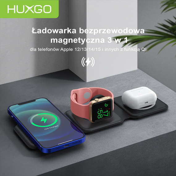 HUXGO® Stazione di ricarica Mag-Safe per telefono cellulare, iPhone e smartwatch, caricatore wireless, magnetica pieghevole 3-in-1, stazione di ricarica portatile con protezione da sovraccarico - BY-MF82_B Nero