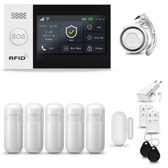 HUXGO® HXA007 - Sistema di allarme wireless WiFi + GSM con 5x Rilevatore di movimento & 1x Sensore per porte e finestre | Allarme casa senza fili Kit con app TUYA