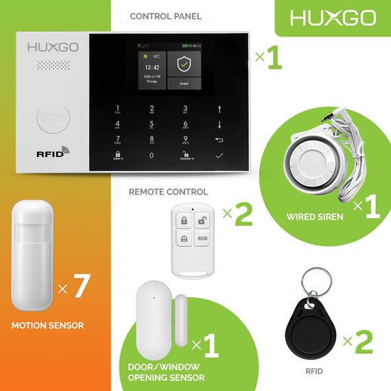 HUXGO® HXA005 - Système de sécurité sans fil Wi-Fi + GSM 4G LTE avec 7x Détecteur de Mouvement & 1x Détecteur pour porte et fenêtre |  Système d'alarme domestique avec l'application TUYA