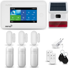 HUXGO® HXA006 - Sistema de seguridad inalámbrico WiFi + GSM 4G con 3x detector de movimiento y 3x sensor para puerta / ventana con sirena inalámbrica | Kit de sistema de alarma para el hogar con App TUYA