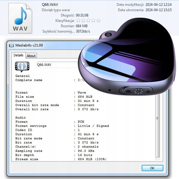MBG Line® mini registratore vocale Q66 8GB – ciondolo/spia a forma di cuore con rilevamento audio fino a 3072 kbps