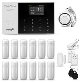 HUXGO® HXA005 - Sistema de seguridad inalámbrico WiFi + GSM con 12x detector de movimiento y 1x sensor para puerta / ventana | KIT de sistema de alarma para el hogar con App TUYA