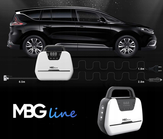 MBG line® Air Pump Car 1866 - Autokompressor 12 V mit digitaler Anzeige, LED-Licht und Adapter-Set