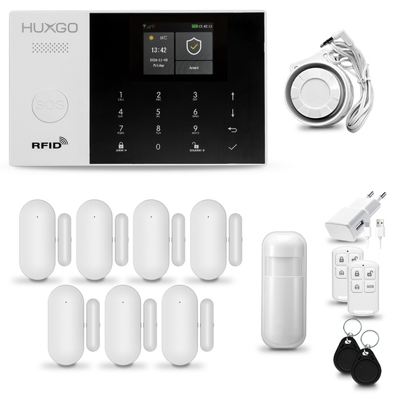 HUXGO® HXA005 - Wireless security system WiFi + GSM 4G LTE with 1x Motion Detector & 7x Door / window sensor | Home Alarm System SET with App TUYA