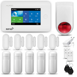 HUXGO® HXA006 - Sistema di allarme wireless WiFi + GSM con 5x Rilevatore di movimento & 5x Sensore per porte e finestre con Sirena senza fili | Allarme casa senza fili Kit con app TUYA