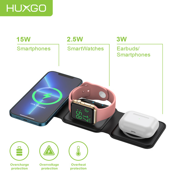 HUXGO® Mag-Safe Charging Station for Mobile Phone, iPhone and SmartWatch, Wireless Charger, 3-in-1 Foldable Magnetic, Portable Charging Station with Overcharge Protection - BY-MF82_B Black