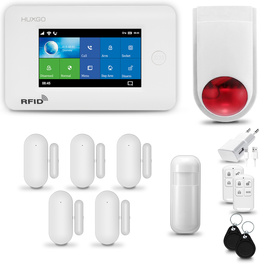 HUXGO® HXA006 - Sistema di allarme wireless WiFi + GSM con 1x Rilevatore di movimento & 5x Sensore per porte e finestre con Sirena senza fili | Allarme casa senza fili Kit con app TUYA