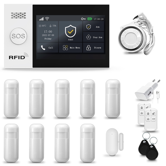 HUXGO® HXA007 - Système de sécurité sans fil Wi-Fi + GSM avec 9x Détecteur de Mouvement & 1x Détecteur pour porte et fenêtre |  Système d'alarme domestique avec l'application TUYA
