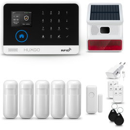 HUXGO® HXA003 - Système de sécurité sans fil Wi-Fi + GSM 4G LTE avec 5x Détecteur de Mouvement & 1x Détecteur pour porte et fenêtre avec Sirène sans fil | Système d'alarme domestique avec l'application TUYA