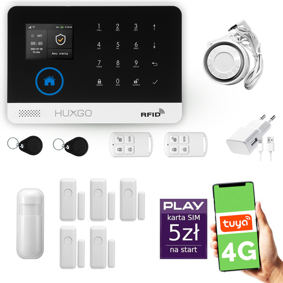 HUXGO® HXA003 - Wireless security system WiFi + GSM 4G with 1x Motion Detector & 5x Door / window sensor | Home Alarm System SET with App TUYA