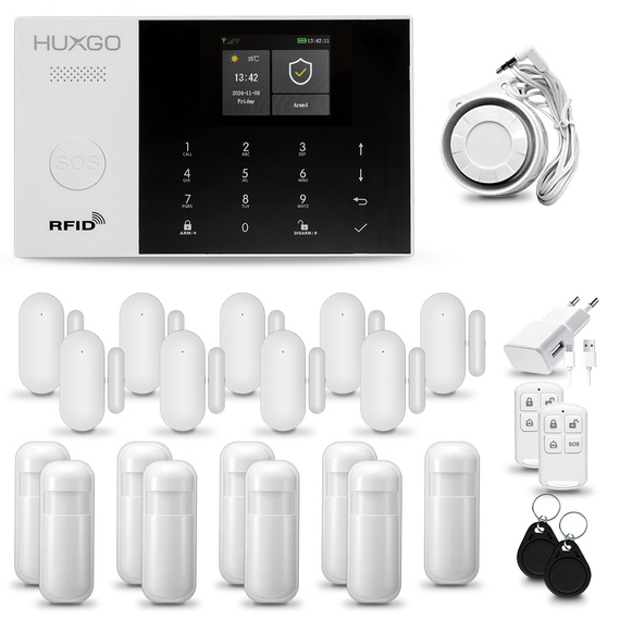 HUXGO® HXA005 - Funk Alarmanlage System WiFi + GSM mit 9x Bewegungsmelder PIR & 9x Fenster und Türsensor sensor | Kabellose Alarmanlage SET mit TUYA App