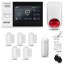 HUXGO® HXA007 - Sistema di allarme wireless WiFi + GSM con 1x Rilevatore di movimento & 5x Sensore per porte e finestre con Sirena senza fili | Allarme casa senza fili Kit con app TUYA
