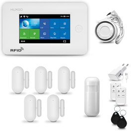 HUXGO® HXA006 - Funk Alarmanlage System WiFi + GSM 4G mit 1x Bewegungsmelder PIR & 5x Fenster und Türsensor sensor | Kabellose Alarmanlage SET mit TUYA App