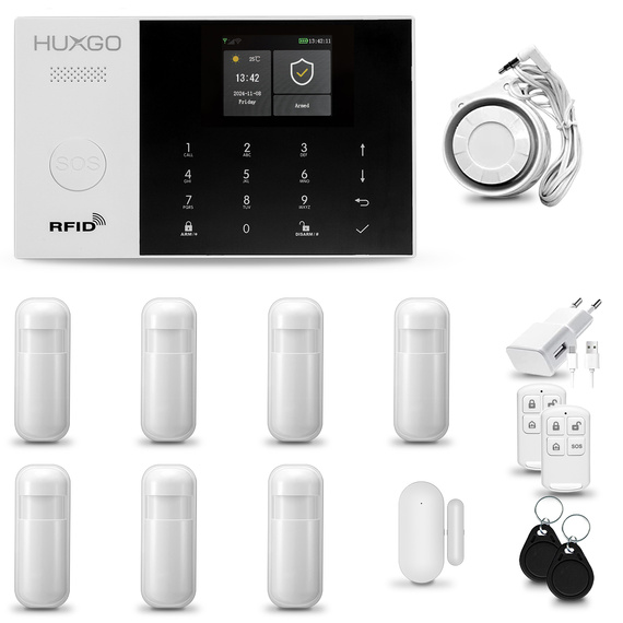 HUXGO® HXA005 - Sistema di allarme wireless WiFi + GSM con 7x Rilevatore di movimento & 1x Sensore per porte e finestre | Allarme casa senza fili Kit con app TUYA