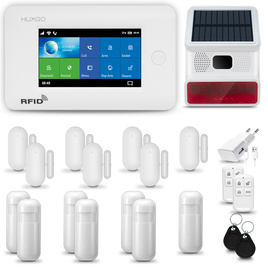 HUXGO® HXA006 - Sistema di allarme wireless WiFi + GSM 4G con 7x Rilevatore di movimento & 7x Sensore per porte e finestre con Sirena senza fili | Allarme casa senza fili Kit con app TUYA