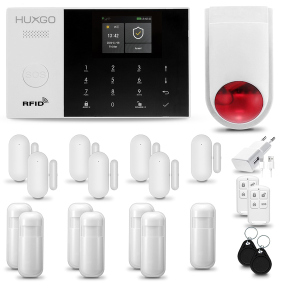 HUXGO® HXA005 - Funk Alarmanlage System WiFi + GSM mit 7x Bewegungsmelder PIR & 7x Fenster und Türsensor sensor mit Drahtlose Alarmsirene | Kabellose Alarmanlage SET mit TUYA App