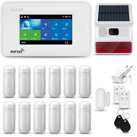 HUXGO® HXA006 - Funk Alarmanlage System WiFi + GSM 4G mit 12x Bewegungsmelder PIR & 1x Fenster und Türsensor sensor mit Drahtlose Alarmsirene | Kabellose Alarmanlage SET mit TUYA App