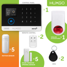 HUXGO® HXA003 - Sistema di allarme wireless WiFi + GSM 4G LTE con 5x Rilevatore di movimento & 5x Sensore per porte e finestre con Sirena senza fili | Allarme casa senza fili Kit con app TUYA