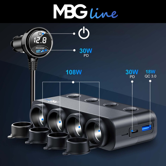 MBG line® HS75AD - 12V/24V Car Cigarette Lighter Splitter and USB Charger QC3.0 + Dual USB-C PD30W